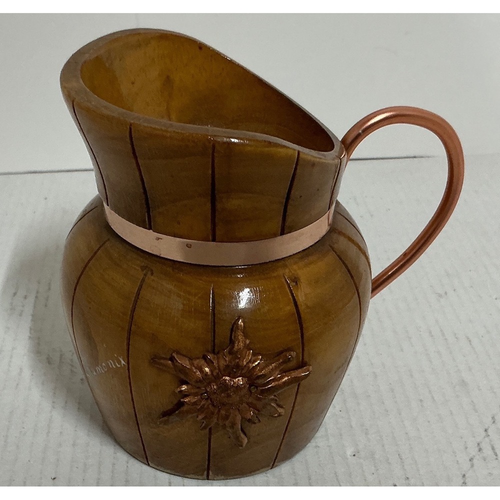 Vintage Wooden Pitcher Chamonix Souvenir Copper Trim Floral Detail Brown Small